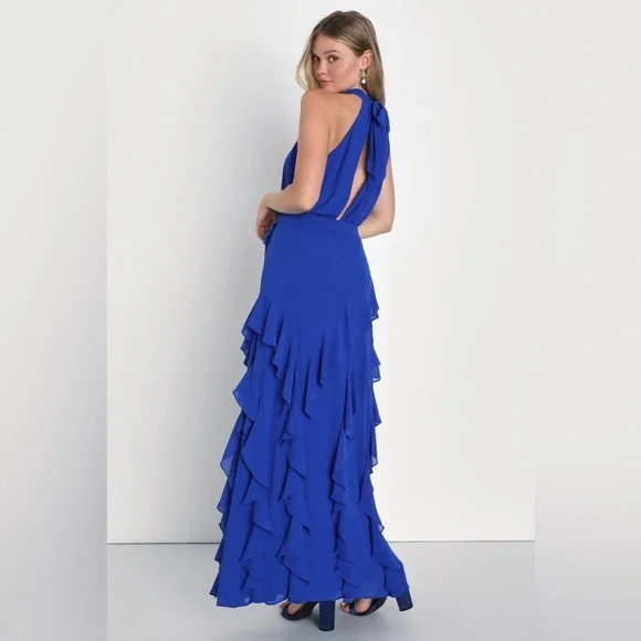 Lulu’s Iconic Cobalt Ruffled Halter Maxi Dress. Size M. - Picture 4 of 5
